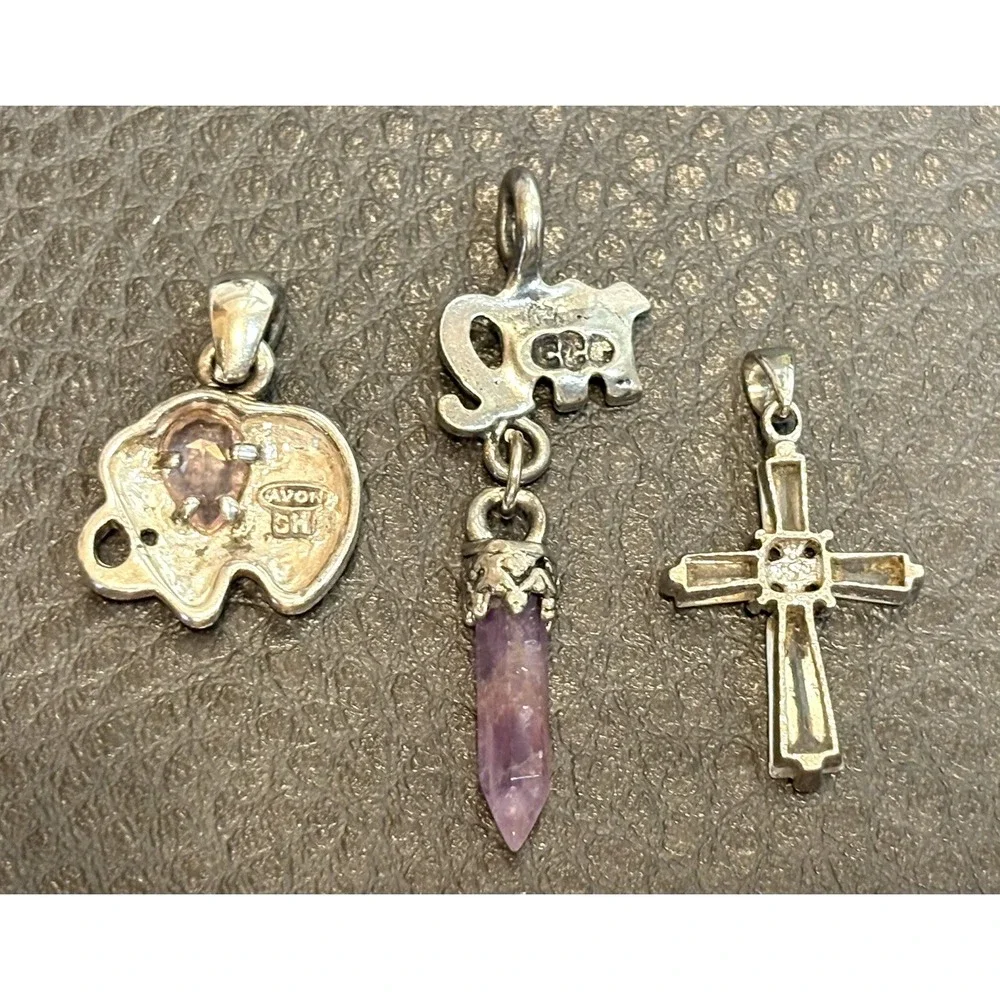 Set Of 3 Silver Tone Pendants 1 Sterling Cross 1 Avon Elephant Amethyst CZ